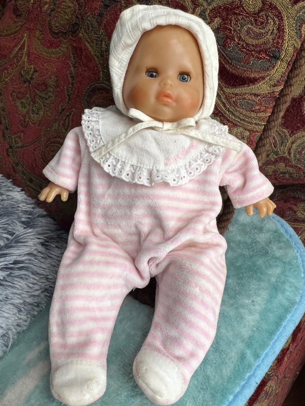 Vintage Corolle Baby Doll in Hat - 12" Soft-Body with Open/Closing Eyes